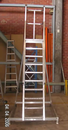 Custom aluminium a-frame stand view looking at steps